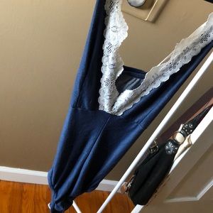 Blue racer back body suit with lace detail